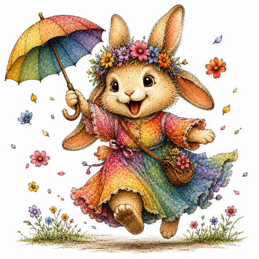 Junfung Cute Bunny with Umbrella Floral Clipart PNG Digital Download